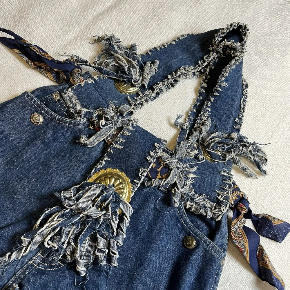 Vintage‎ Upcycled Denim Tote Bag Oscar de la Renta Logo Boho Hobo Style
